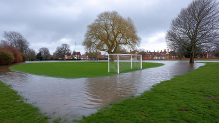 A flooded soccer field surrounded by standing water, featuring goalposts almost submerged. Overcast skies add a somber tone to this rural scene.の素材