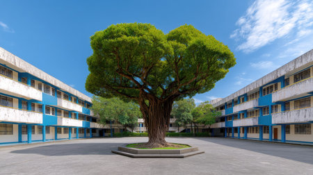A majestic tree stands tall in a school courtyard, framed by modern blue buildings under a bright blue sky, creating a peaceful and vibrant educational environment.の素材