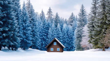 A cozy wooden cabin sits tranquilly amidst a dense evergreen forest blanketed in soft snow, offering a serene escape into nature's beauty during winter.の素材