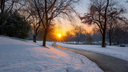 Breathtaking winter sunset scene in a snow-covered park, featuring a winding pathway, silhouetted trees, and vibrant orange and yellow hues illuminating the horizon.の素材