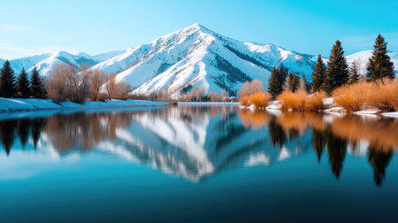 This breathtaking winter scene showcases snow-capped mountains reflecting in a smooth lake, surrounded by frosty trees and a clear blue sky for a tranquil atmosphere.の素材