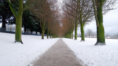 This captivating winter scene features a long, snow-covered pathway bordered by bare trees, inviting peaceful strolls amidst a serene and tranquil environment.の素材