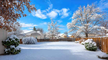 A serene winter scene showcasing a snow-covered backyard with trees, a clear blue sky, and a picturesque residential setting, embodying the tranquility of the season.の素材