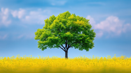A stunning solitary tree stands in a field of vibrant yellow flowers, creating a contrast against a serene blue sky filled with fluffy clouds, epitomizing tranquility.の素材