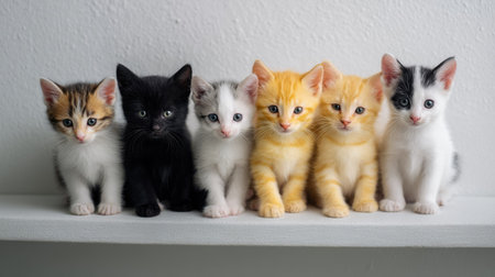 A charming lineup of six kittens displaying various colors and expressions, exuding warmth and playfulness. Perfect for capturing the essence of youthful companionship.の素材