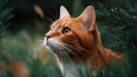 A charming orange tabby cat gazes upward amidst lush green pine needles, featuring soft fur and bright eyes, evoking a sense of tranquility and curiosity in nature.の素材