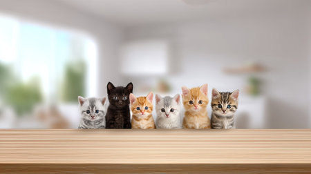 A delightful display of six playful kittens in a row on a warm wooden surface, set against a cozy, softly lit home environment. Perfect for animal lovers.の素材