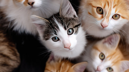 A captivating image featuring five charming domestic cats with diverse fur colors and patterns, showcasing their unique personalities while resting together on a soft surface.の素材