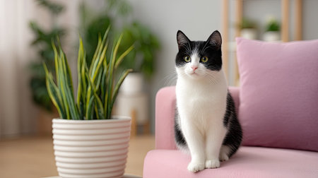 A delightful black and white cat sits peacefully on a pink sofa, adding charm to a cozy living room with modern decor and a lovely green plant nearby.の素材