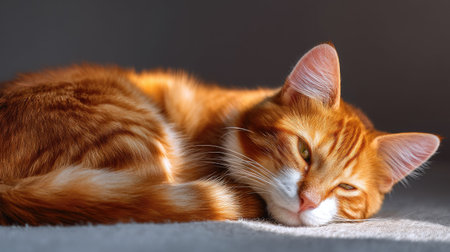 A serene ginger cat lies peacefully in a patch of sunlight, showcasing its beautiful fur and calm demeanor, perfect for capturing the essence of cozy indoor moments.の素材