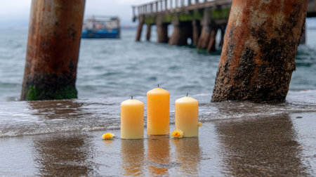 A serene beach scene featuring three soft yellow candles surrounded by delicate flowers, set against a rustic pier and gentle waves under a cloudy sky.の素材