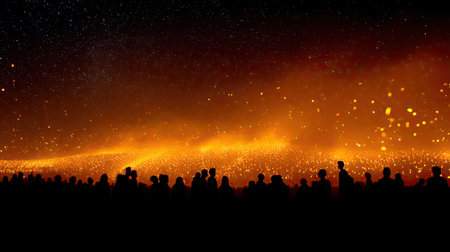 This captivating image captures the silhouette of a crowd against a spectacular fiery night sky filled with glowing embers and sparks, evoking warmth and excitement.の素材