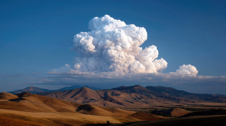 A stunning cloud formation rises above rolling hills, creating a picturesque scene. The golden hour light enhances the serene landscape and tranquil atmosphere.の素材