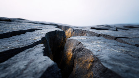 Detailed view of a cracked surface showing natural textures of rock with crevices in a misty setting, creating an intriguing geological landscape and atmosphere.の素材