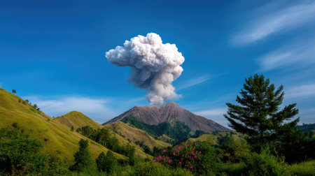 A stunning view of an erupting volcano surrounded by lush greenery and blue skies. The billowing smoke and ash create a dramatic landscape perfect for nature lovers.の素材