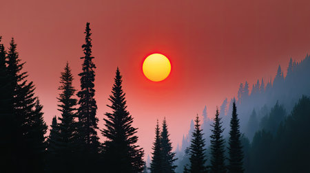 A breathtaking sunset illuminates a misty pine forest, with a vibrant orange sun setting against a soft purple sky, creating a calming and picturesque nature scene.の素材