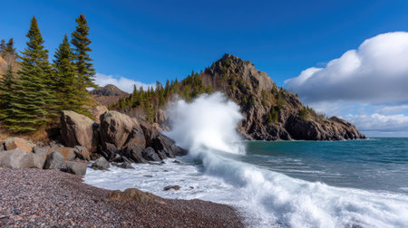 Captivating image of crashing waves against a rugged coastline, framed by green trees and a bright blue sky, evoking a sense of tranquility and natural beauty.の素材