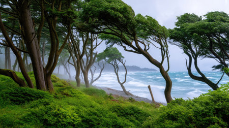 This image showcases a picturesque coastal scene characterized by windswept trees, turbulent ocean waves, and an atmospheric cloudy sky, conveying a serene natural beauty.の素材