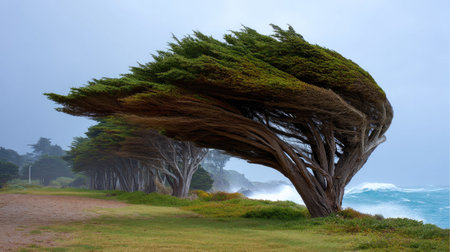 Captivating view of wind-sculpted trees along a coastal path. The dramatic interaction of waves and sky creates a serene and beautiful natural landscape.の素材