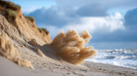 A serene beach scene captures gentle waves crashing against the sandy shoreline. Wind-blown sand creates a mystical spray under a dramatic sky, evoking peace.の素材