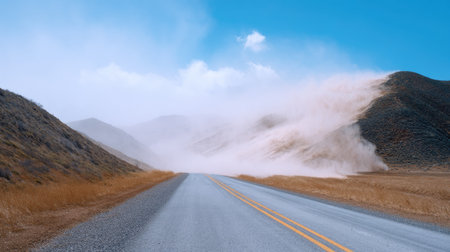 A captivating scene depicting a dust storm approaching along a desolate highway, set against rolling hills and vibrant blue skies, showcasing nature's raw beauty.の素材