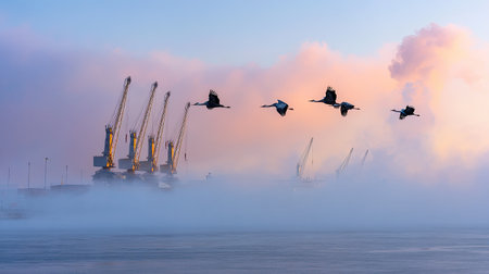 A picturesque winter dawn scene at an industrial port, showcasing cranes rising through mist as birds fly gracefully in the soft pastel sky.の素材