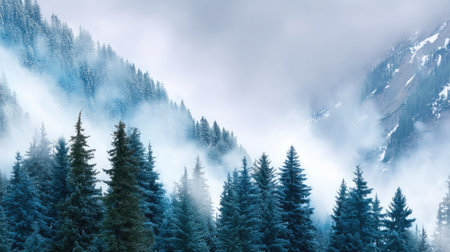 Explore the serene beauty of a misty forest filled with pine trees, set against dramatic mountains and a cloudy sky. Experience nature's tranquil charm.の素材
