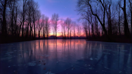 A tranquil winter scene featuring a frozen lake reflecting vibrant sunset colors with leafless trees silhouetted against a starlit sky, evoking peace and stillness.の素材