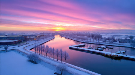 Experience the enchanting beauty of a winter sunset reflected on a serene river. The landscape features snow-covered banks and a colorful sky, evoking tranquility.の素材