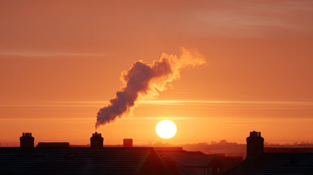 Stunning sunset scene showcasing rooftops and chimneys against a vibrant orange and yellow sky, creating a warm and atmospheric urban evening landscape.の素材