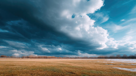 A stunning landscape showcasing dark, dramatic clouds looming over a golden grassy field. The atmosphere captures the calm before a storm, highlighting nature's beauty.の素材