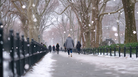 A tranquil winter scene showcases people strolling on a snow-covered path in a city park, with soft snowflakes falling gently amidst leafless trees, evoking serenity.の素材