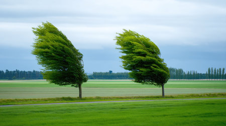 A picturesque view featuring wind-swept trees bending gracefully in a lush, green field under a dynamic sky, illustrating the beauty of nature's endurance against the elements.の素材