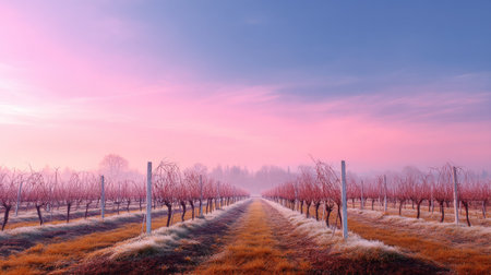 A tranquil vineyard scene at dawn featuring frosty vines under a colorful sky. The landscape captures the beauty of nature in a calm rural setting.の素材