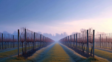 A peaceful vineyard scene at dawn with frost-covered vines creating a serene atmosphere. Soft light bathes the landscape, revealing rolling hills and mist.の素材