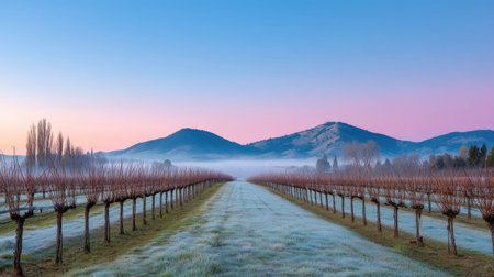 A captivating dawn scene featuring frost-covered vineyards, gentle mist rolling over the landscape, and soft pastel colors illuminating the sky behind majestic mountains.の素材