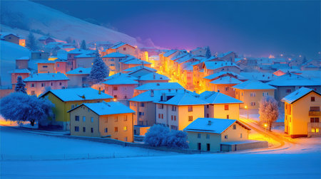 A tranquil winter village scene showcasing snow-covered houses illuminated by warm lights during twilight, creating a serene and picturesque atmosphere.の素材
