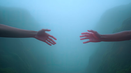 Two hands reach out towards each other in a misty underwater scene, symbolizing a deep emotional connection and conveying themes of unity and hope amidst tranquility.の素材