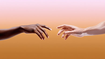 This captivating image features two hands reaching towards each other, symbolizing connection and unity. The soft colors create a modern and artistic vibe, emphasizing diversity and togetherness.の素材