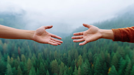 Two hands extend towards each other, set against a misty forest backdrop. This image captures the essence of human connection, nature, and tranquility, evoking feelings of hope.の素材