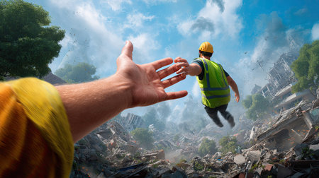 A gripping scene shows a construction worker reaching out for help amidst urban devastation. The powerful image captures tension, urgency, and teamwork in crisis.の素材