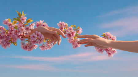 Two delicate hands reach out to connect amidst blooming cherry blossoms under a soft blue sky, symbolizing beauty, connection, and tranquility in nature.の素材