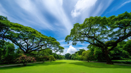 This stunning image captures a vibrant green landscape featuring large trees beneath a clear blue sky with fluffy clouds. The peaceful atmosphere invites relaxation.の素材
