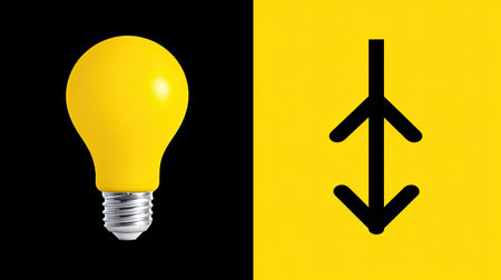 This vibrant image features a bright yellow light bulb alongside a bold black arrow symbol, representing innovation and creative ideas in a modern design aesthetic.の素材