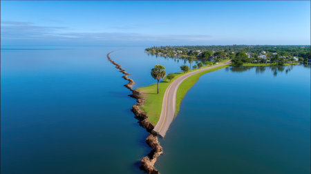 Experience the calmness of this stunning aerial view capturing a serene coastal road lined with palm trees, surrounded by tranquil waters and lush green landscape.の素材