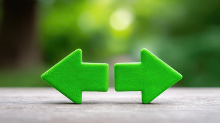 Two vibrant green arrow symbols pointing left and right are positioned on a wooden surface, set against a soft green background, symbolizing direction and choice.の素材