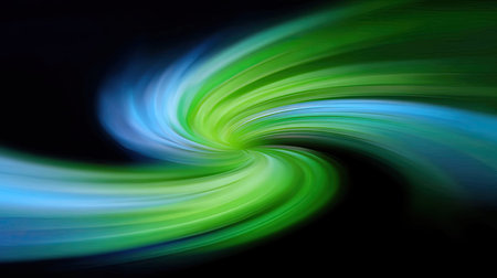 This abstract artwork features a captivating swirl of green and blue colors against a dark background, evoking motion and energy with a smooth, dynamic flow.の素材