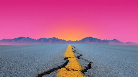 A stunning landscape image featuring a cracked road leading towards distant mountains under a brilliant sunset filled with pink and orange hues, evoking a sense of adventure.の素材