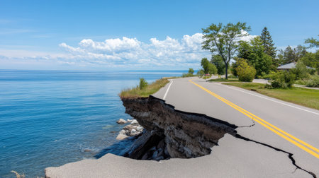 A dramatic image of a cracked road along a lake's edge, showcasing the effects of erosion under a blue sky. Ideal for landscape and environmental themes.の素材