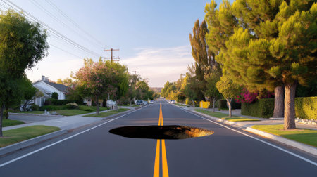 A surreal scene featuring a deep sinkhole in the middle of a suburban street, surrounded by lush trees, capturing the contrast between nature and urban life.の素材